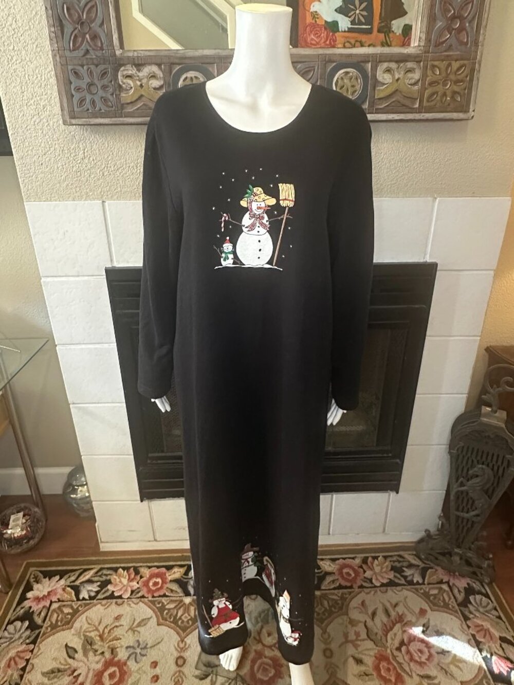 CITE 90s House Dress XL Black Long Winter Holiday Snowmen USA Made Lounge Wear